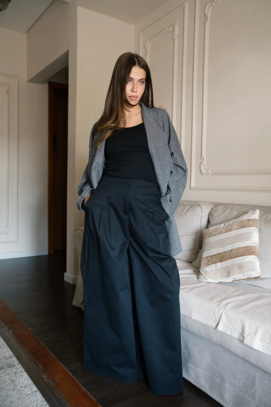 Wide Gabardine Trousers - Black