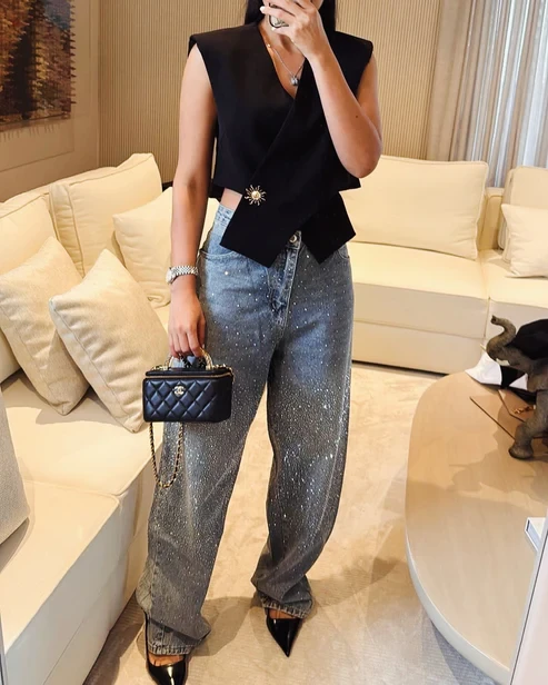 .Crystal Embellished Denim